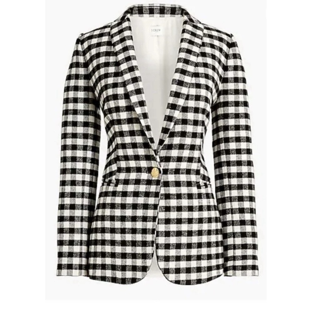 J.Crew Black White Check Wool Blazer Jacket Size 10 Preppy Classic Gold Buttons